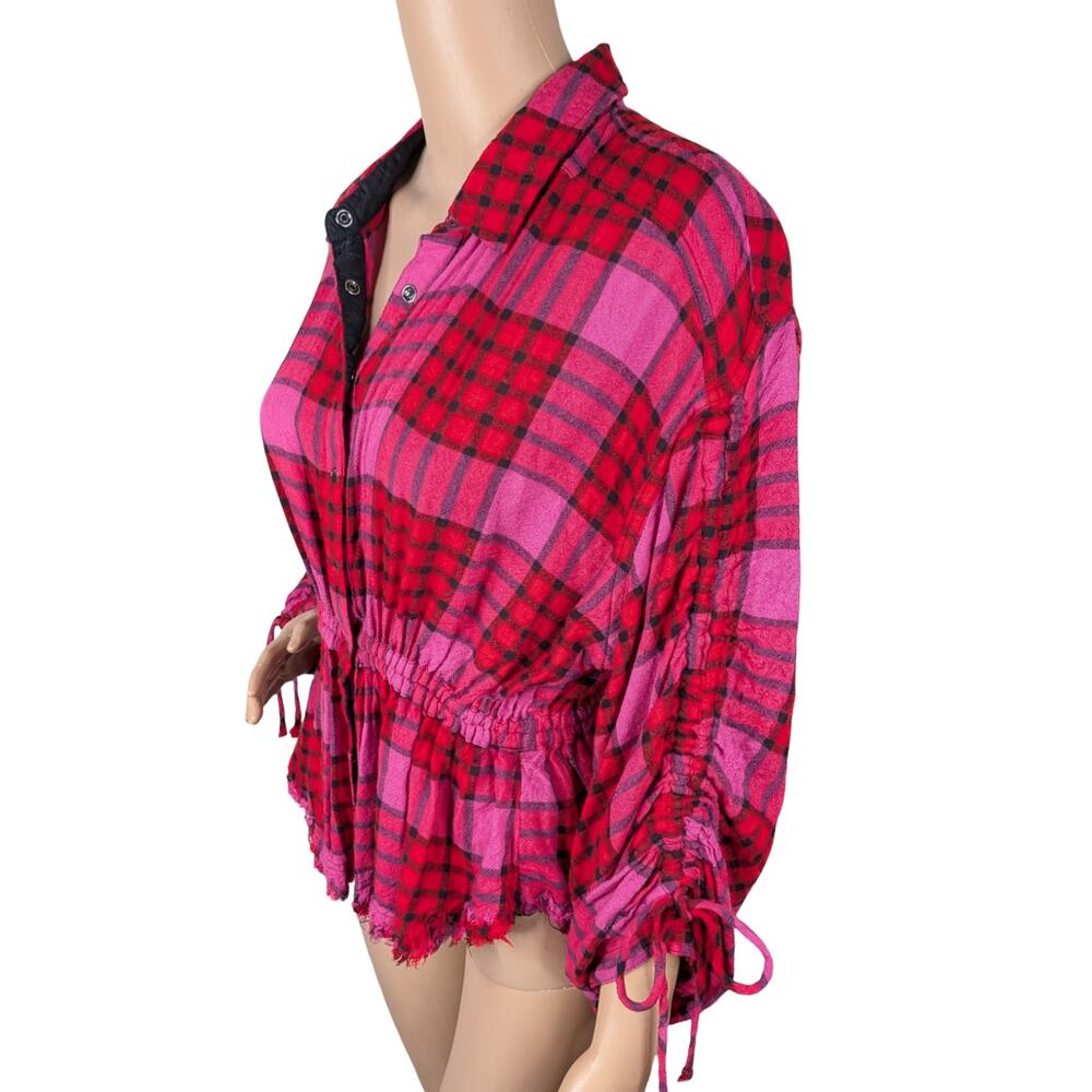 Free People We The Free Pacific Dawn Plaid Snap Top S | Red Pink Ruched Peplum - Picture 7 of 12